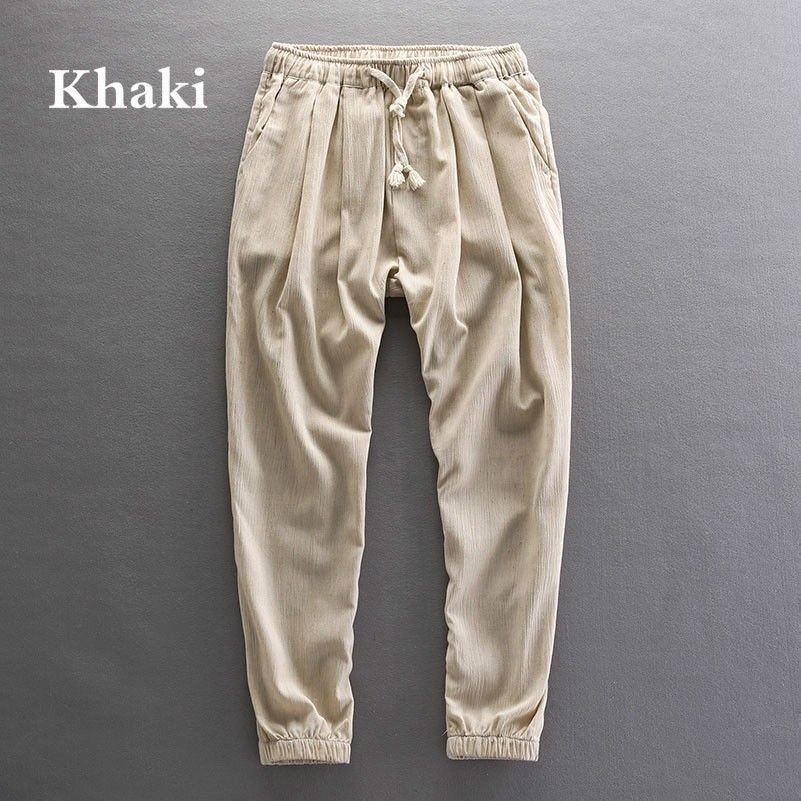 Uomo Lino HAREM PIEGHE Pantaloni larga Elastico Vita altezza caviglia Casual