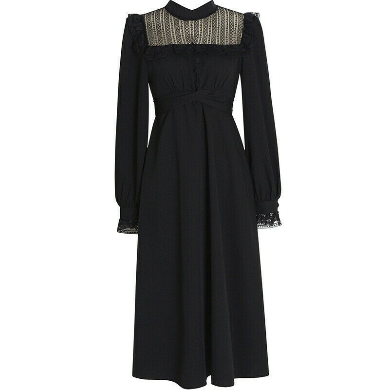 Damen Midi Kleid Lang Puffärmel Rüschen Spitze Gothic Lolita Retro Schwarz Neu