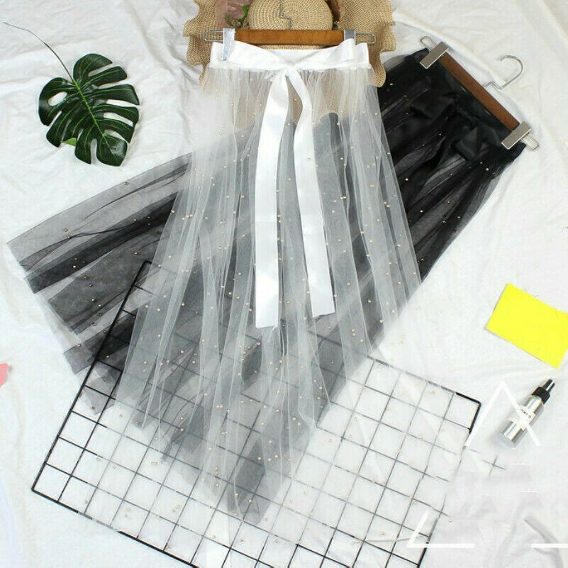 Damen Midi Rock Perlen Netz Durchsichtig Transparent Mit Schwarz Weiß Sommer