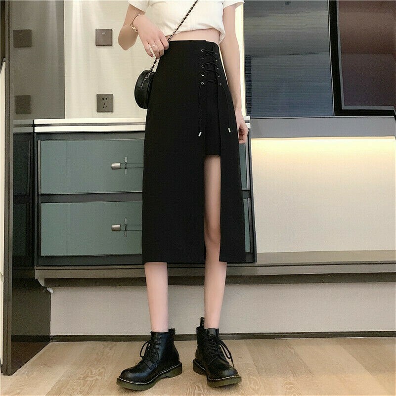 Women Midi Side Split Skirt Punk Gothic Irregular High Waist