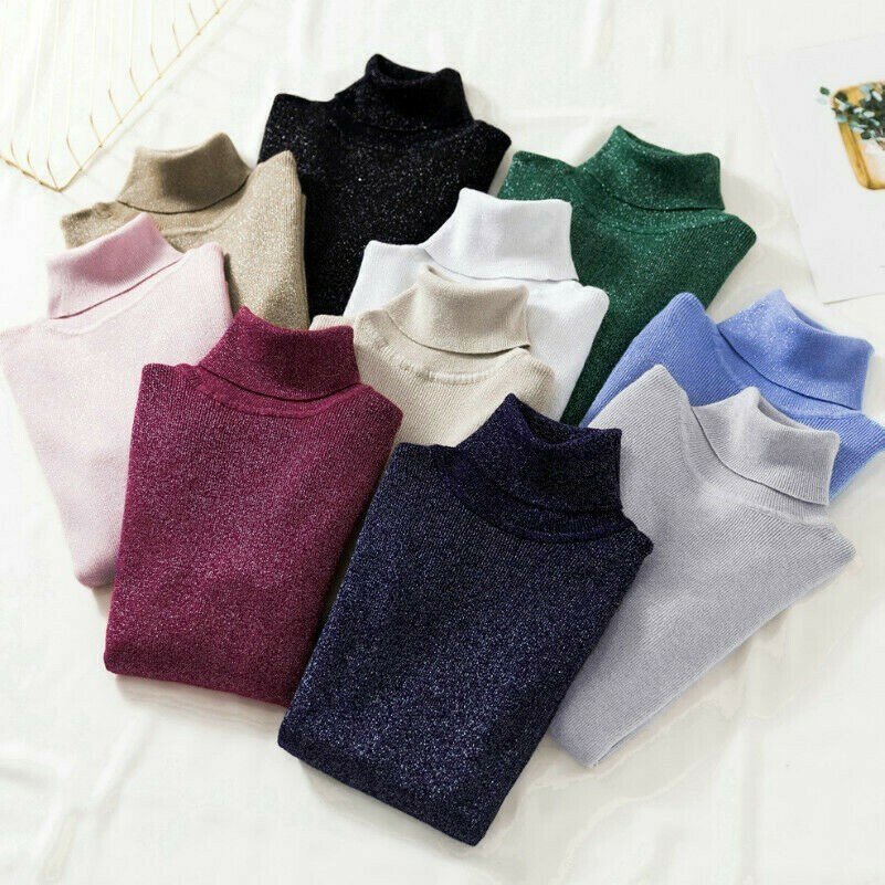 Damen Rollkragen Glänzend Strickpullover Enge Passform Pullover Basic Top