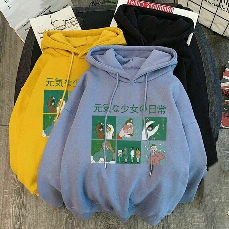 Damen Süß Kapuzenpullover Fleecefutter Japanisch Kawaii Sweatshirt Winter