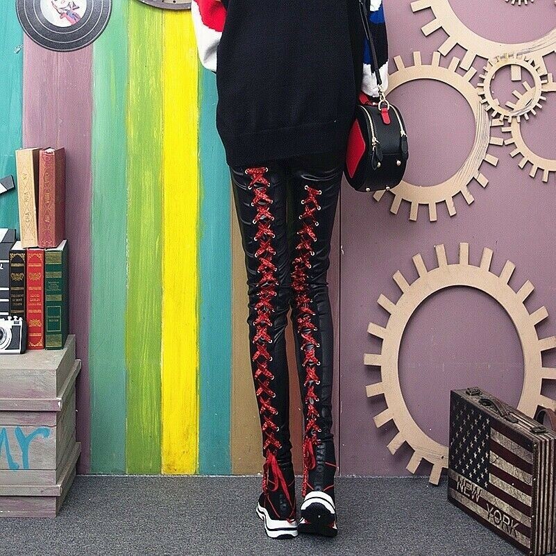 Femme Pantalon Legging Lacet Gothique Punk Simili Cuir Effet Mouillé