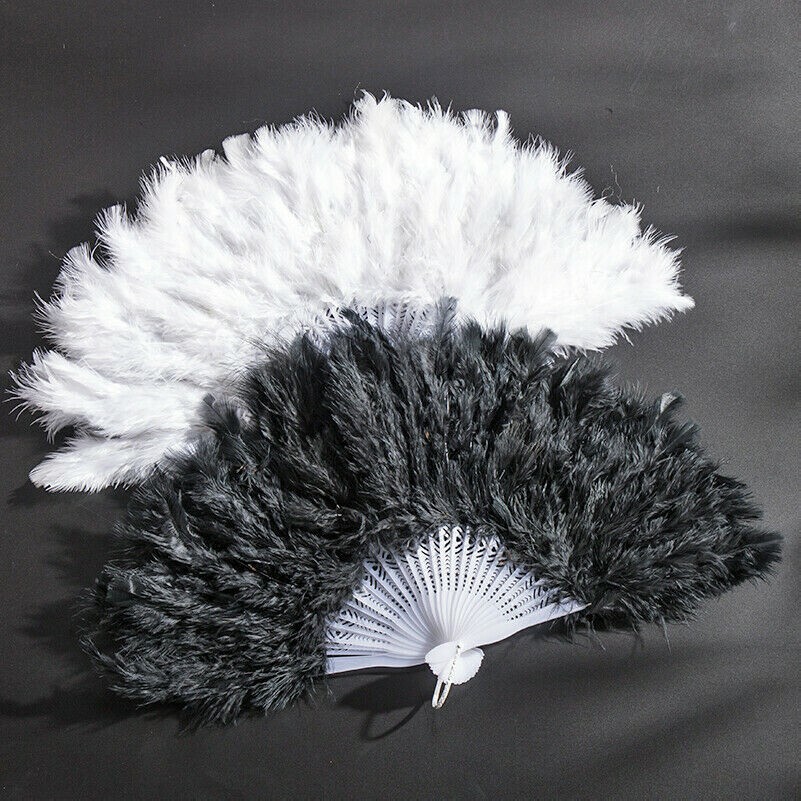 Feather Fan Hand Held Folding Plastic Dance Show Retro Vintage Look Party