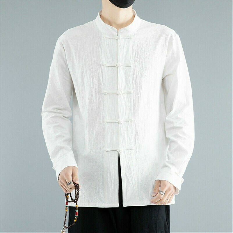 Men Cotton Linen Shirt Casual Long Sleeve Top Mandarin Collar Frog Button
