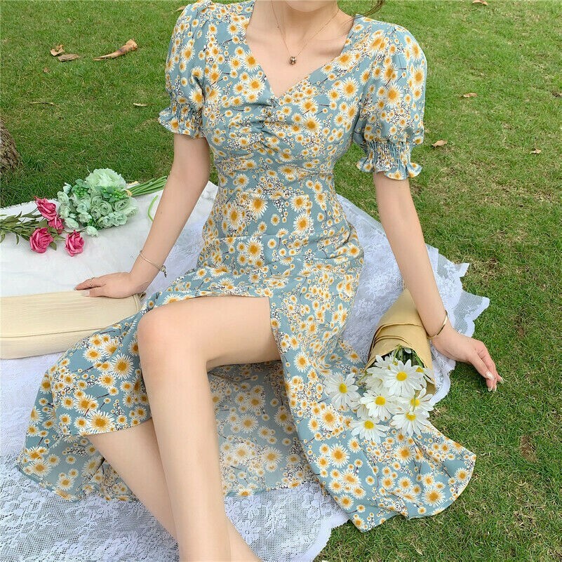Women Daisy Flower Split Long Dress Retro Puff Sleeve Slim Bodycon Casual