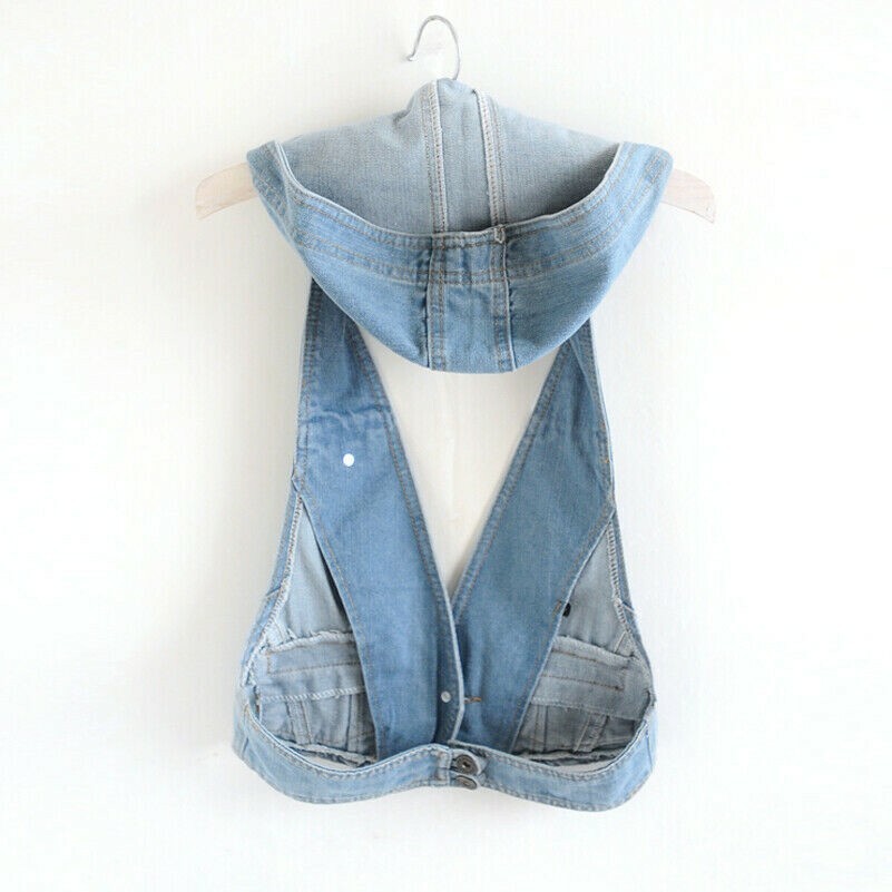 Femme à Capuche Jeans Gilet Débardeur Gilet Veste Jean Débardeurs Manteau Dos Nu