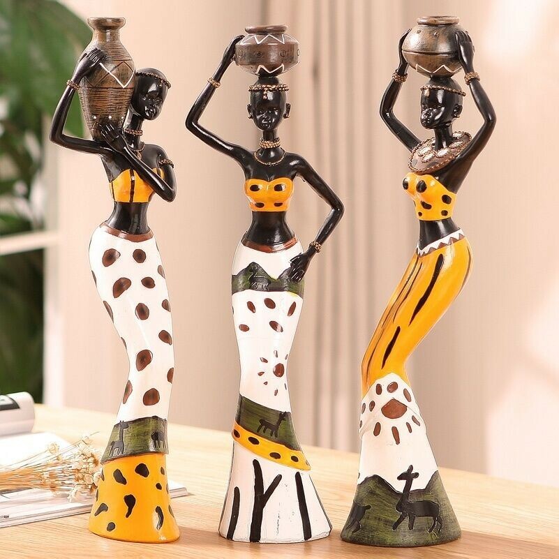 3pcs African Woman Beauty Decorative Statue Desktop Home Decor Resin Figurine