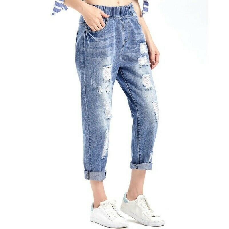 Femmes Déchiré Jeans Bootcut Court Pantalon Taille Élastique Grande