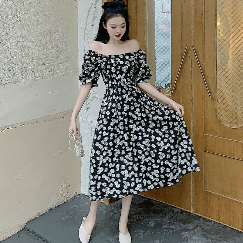 Damen Blumen Gänseblümchen Kleid Schulterfrei Midi Kurz Puffärmel Schwarz Retro