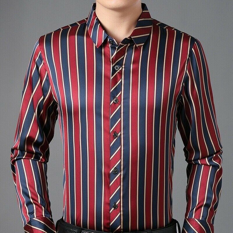 Hommes Satin Rayé Chemisier Faux Soie Manches Longues Business Habillé