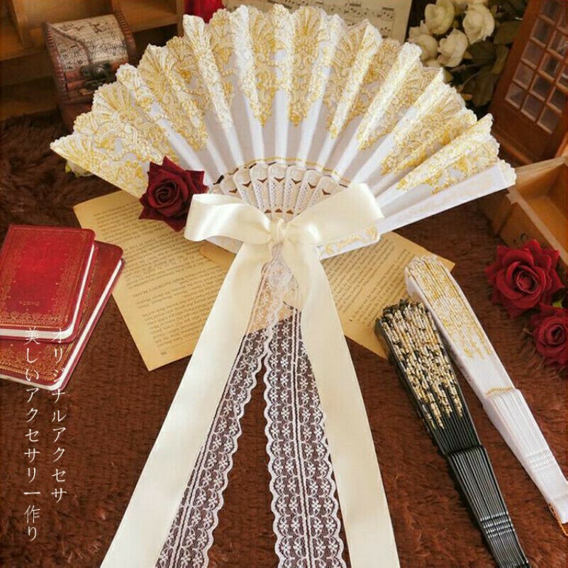 Lace Hand Held Folding Fan Rose Bow Ribbon Lolita Gothic Retro Vintage Look
