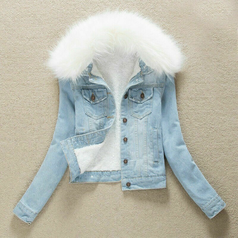 Damen Fleecefutter Sherpa Jeansjacke Damen Kunstpelz Kragen Mantel enge Passform