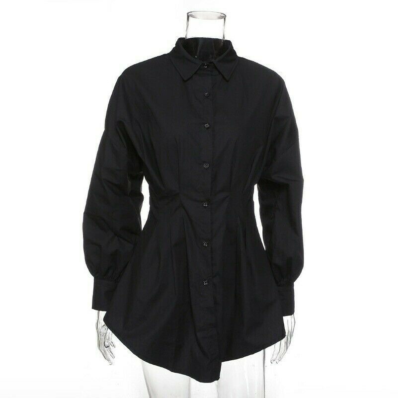 women-cotton-long-sleeve-mini-dress-blouse-top-shirt-white-pleated-button