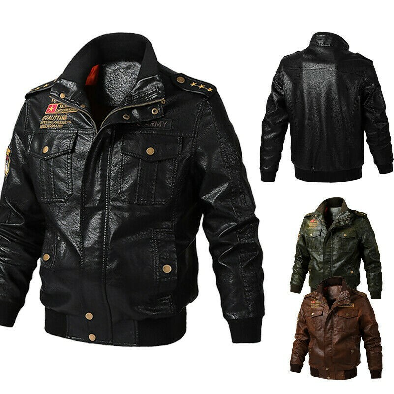 Herren Lederjacke Abzeichen Top Herbst Motorrad Biker Mantel Pilot PU