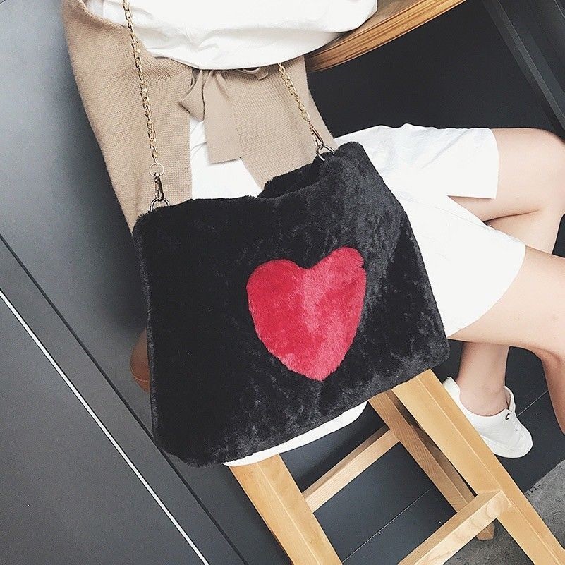 Damen Plüsch Handtasche Kette Schultertasche Herz Tragetasche Umhängetasche