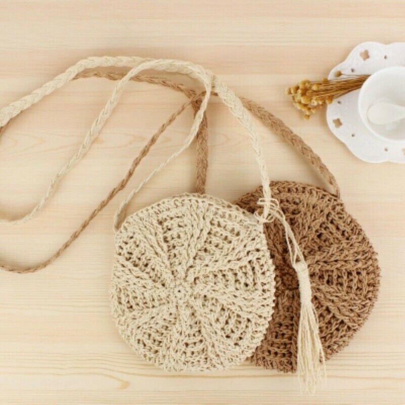 Women Round Crossbody Bag Straw Handbag Wicker Rattan Fringe Tassel Beach