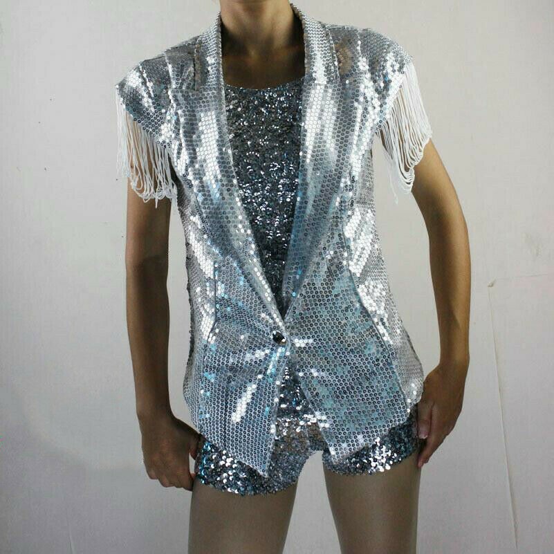 Women Sequin Jacket Coat Cardigan Waistcoat Jazz Dance Glitter Tassel Fringe
