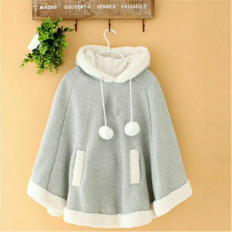 Mädchen Winter Warm Umhänge Fleece mit Kapuze Mantel Cape Flügelärmel Solid Süß