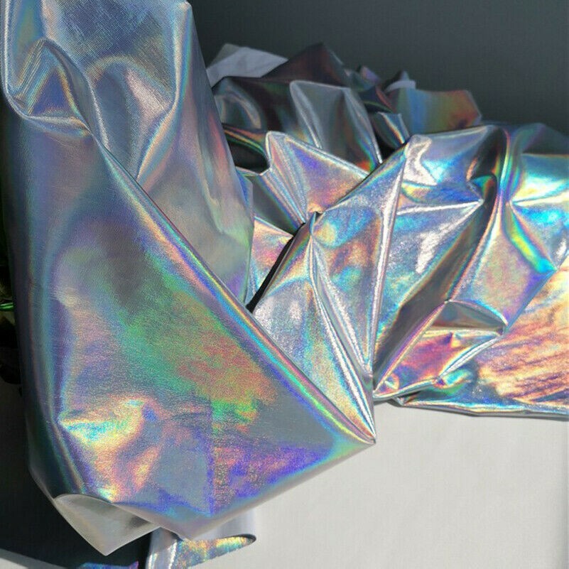 Metallico Laser Lucido Tessuto Elasticizzato Argento Iridescente Arcobaleno
