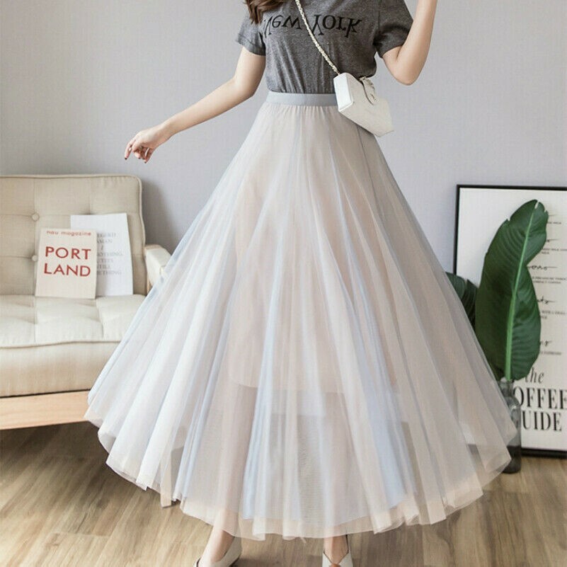 Damen Farbverlauf Tüll Netz Rock Fairy Maxi Kleid Schichten Plissiert Groß Swing