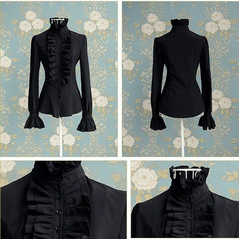 Lady Lolita Shirt Blouse Ruffle Stand Collar Flare Slim Top Gothic Victorian SPW