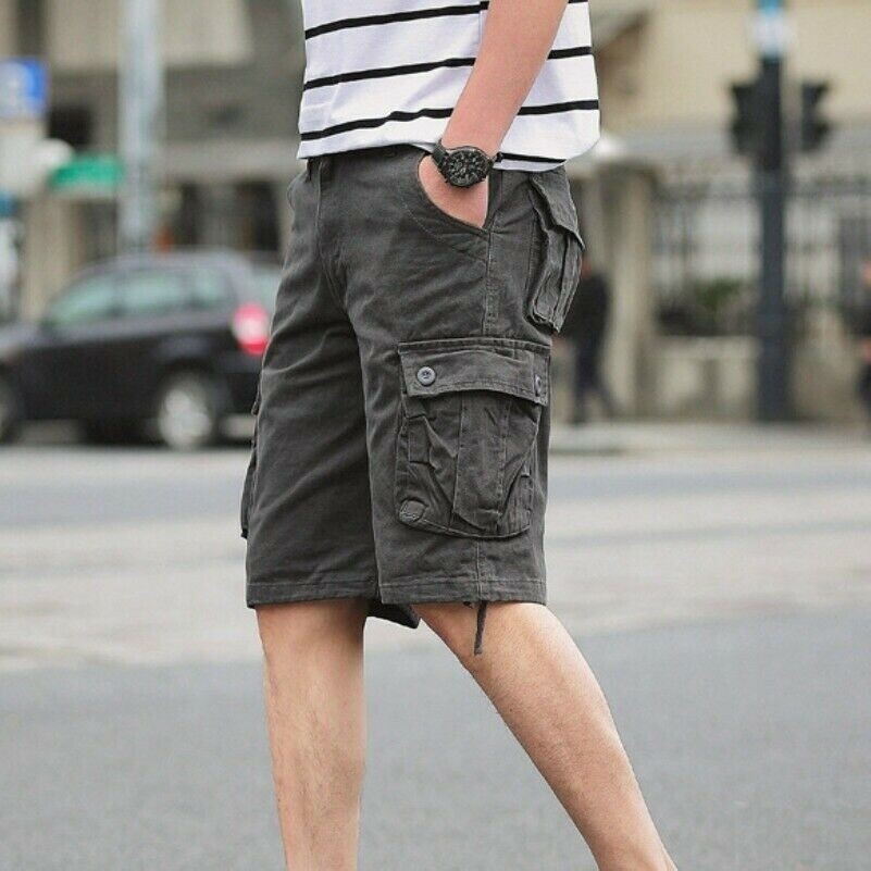 Men Cargo Combat Shorts Half Pants Cotton Multi Pocket Knee Length Casual Beach