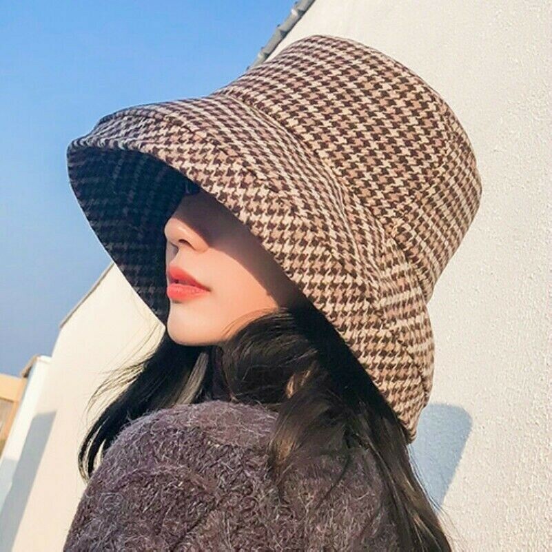 Men Women Bucket Hat Cap Plaid Check Houndstooth Casual Fishing Outdoor Hiking