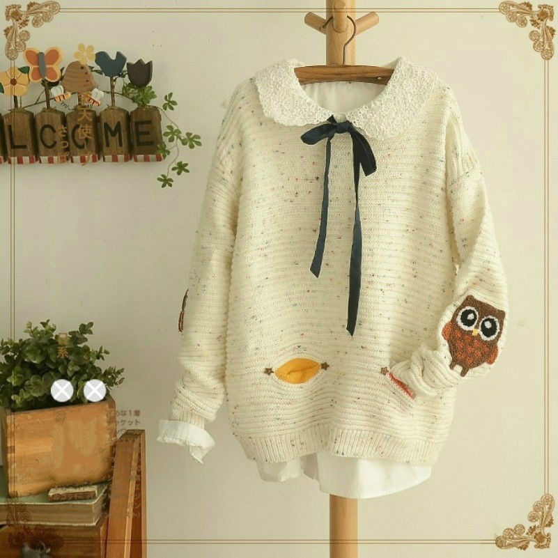Femmes Filles Pull Chandail Sweet Chouette Patch Manches Raglan Tricoté