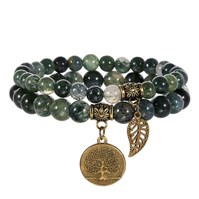 Bracelets Set Men Women Tree of Life Leaf Pendant Tiger Eye 6/8Mm Stone Beaded