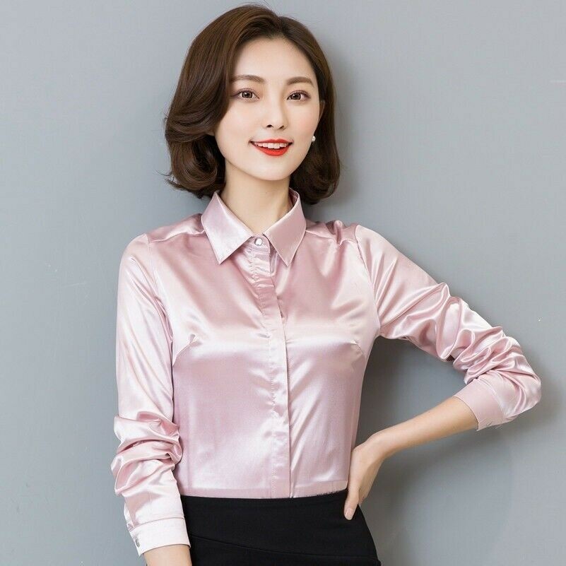 women-lady-satin-faux-silk-shirt-top-blouse-long-sleeve-shiny-collared-solid-new