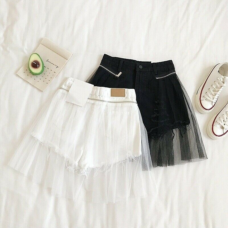Women Denim Trousers Hot Pants Jeans Mesh Patchwork Gothic Sexy Harajuku