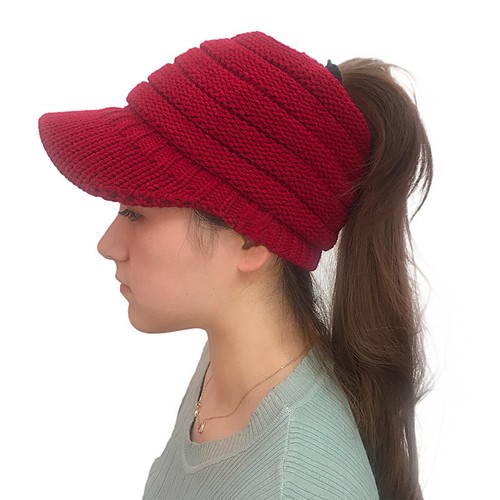 Lady Women's Woolen Baseball Cap Messy Bun Ponytail Beanie Winter Knit