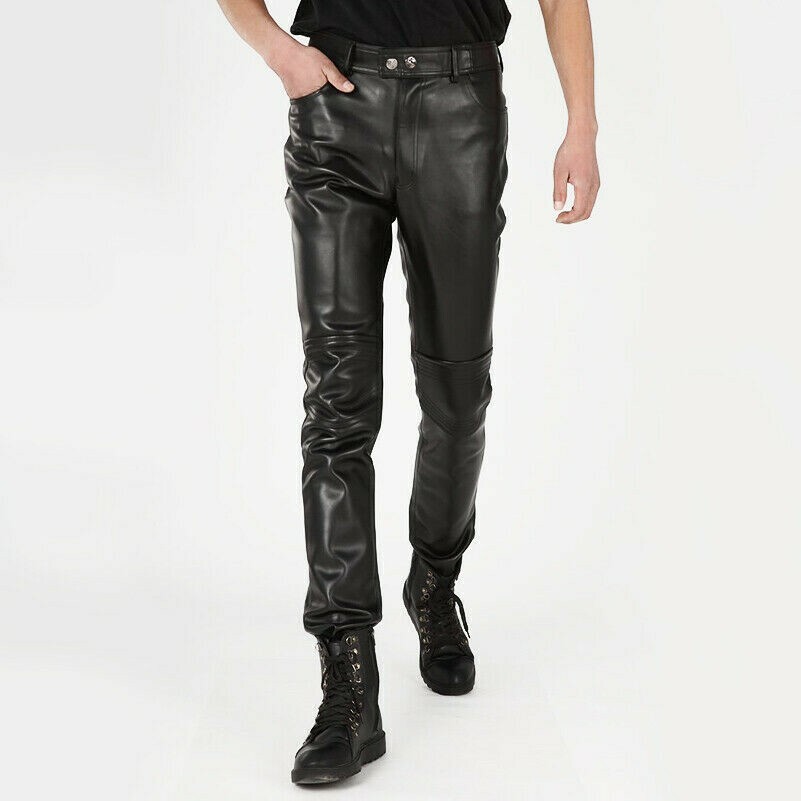 Mens Faux Leather Motorcycle Biker Trousers Slim Fitted Casual Punk Rock Pants