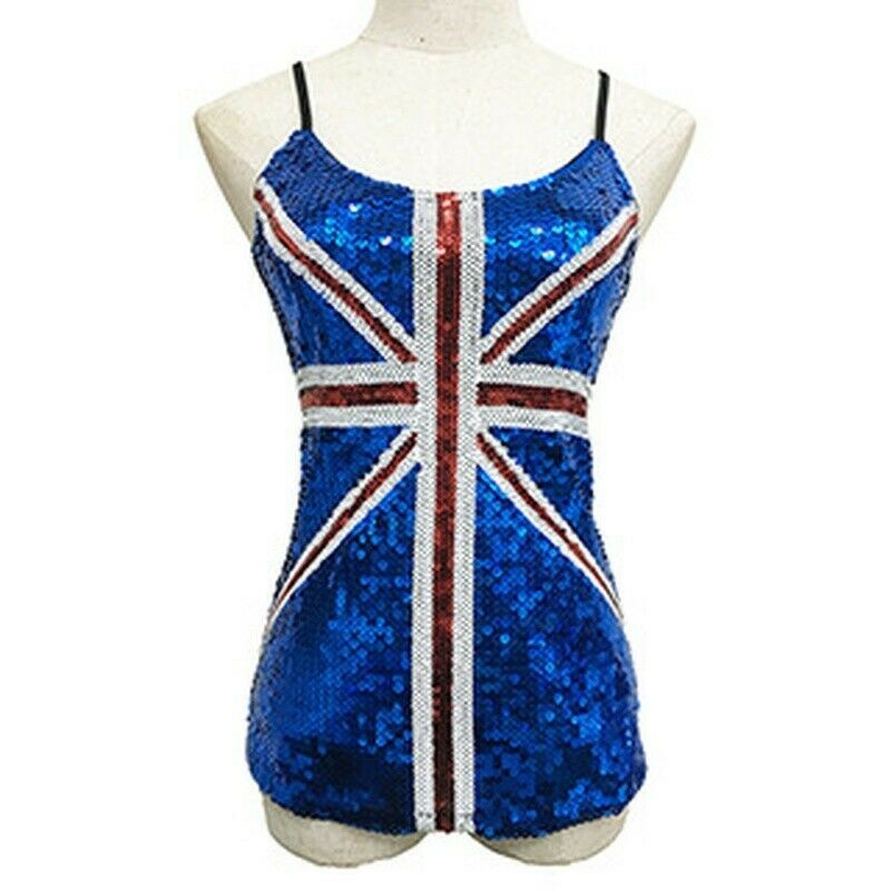 Women Union Jack Vest England Flag Bling Sequinned Top Party Fancy Costume Spark