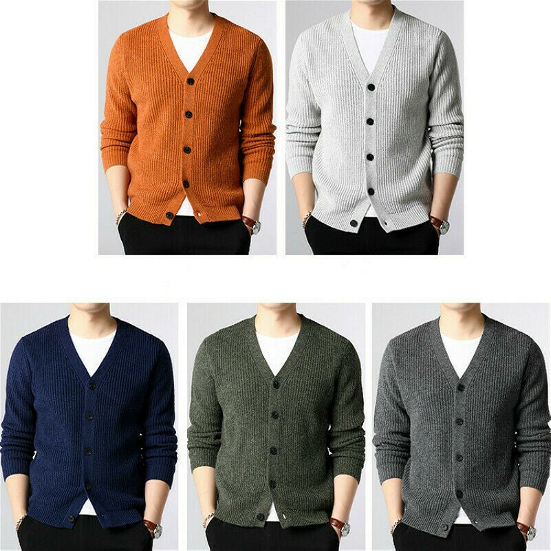 Hommes Tricot Gilet Bouton avant Cardigan Chaud Côtelé Pull Manches Longues