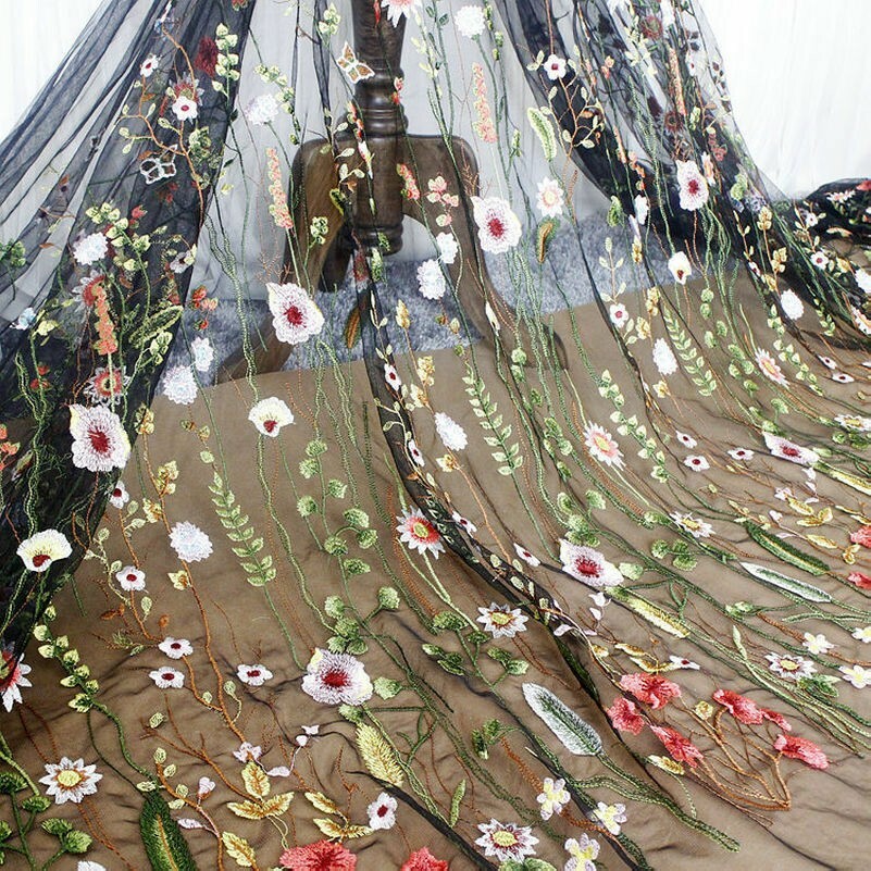 Stickereien Blumen Spitze Stoff Schwarz Netz Hochzeit Kleid 119cm Breite von M