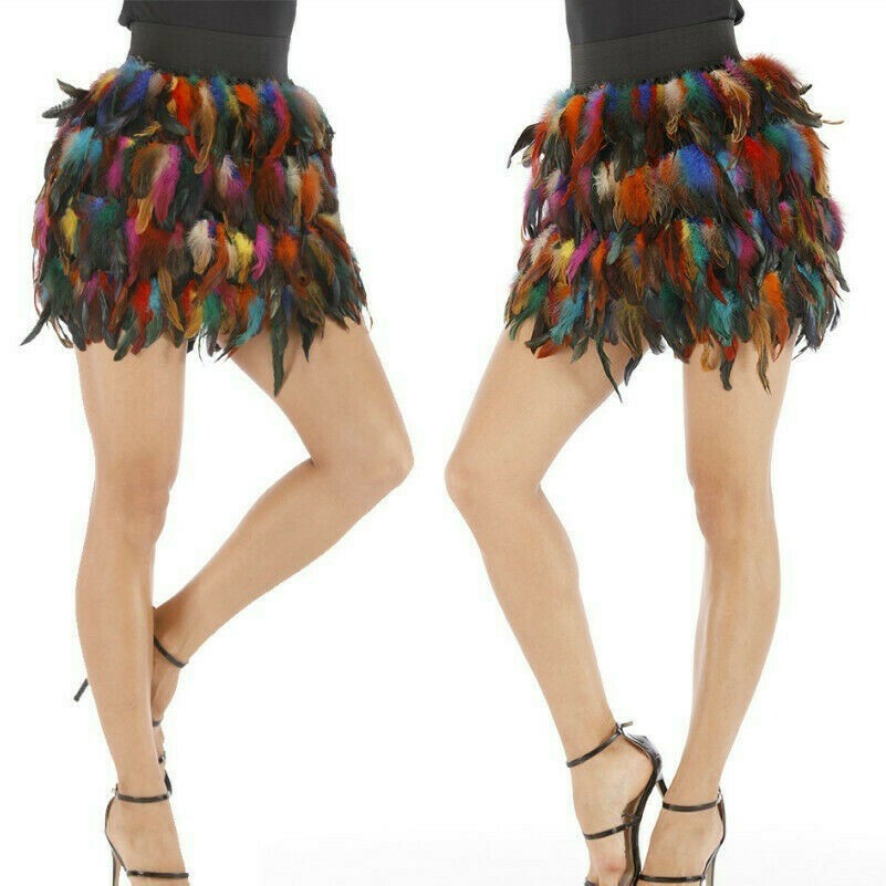 Women Feather Mini Skirt Elastic Waist Multicolor Short Costume Dance Party Wear