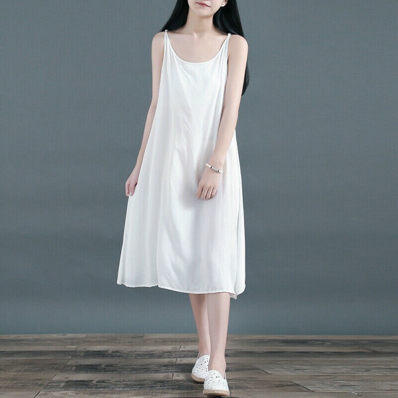 Womens Cotton Linen Dresses Midi Sleeveless Camisole Petticoat Thin Ethnic Baggy