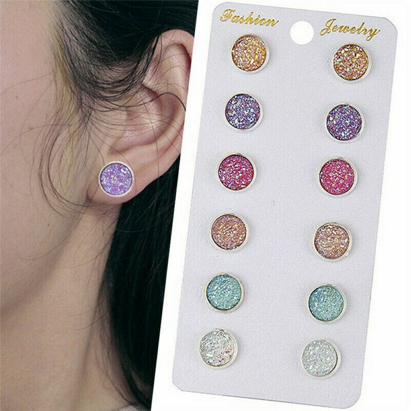 6 Pairs Stainless Steel Shiny Austrian Crystal Round Stud Earrings Jewelry
