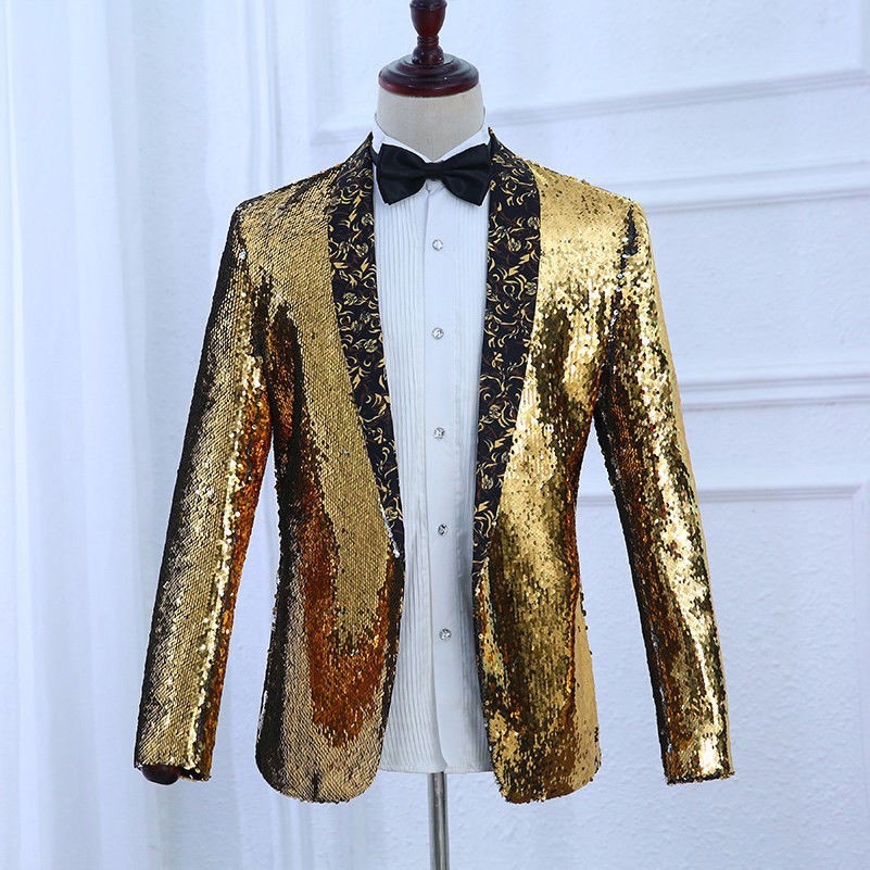 Men Reversible Two Tone Glitter Sequins Cardigan Jacket Suit Stage Costume Coat