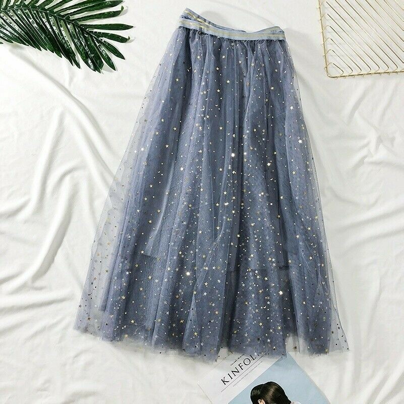 Donna Rete con Paillettes Gonna Midi Rete Swing ad a Casual Tulle da Fata 2 Pz