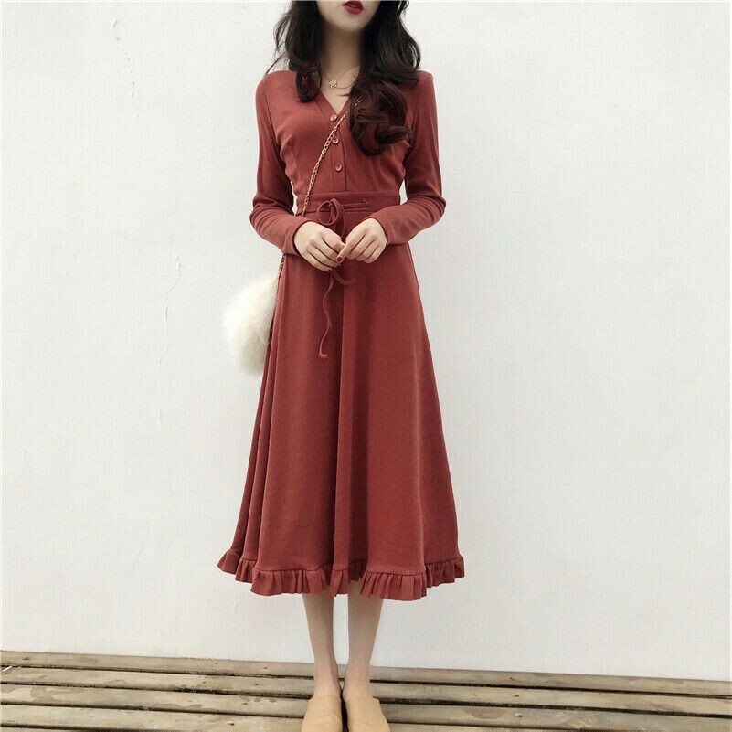 Damen Midi Strick Kleid Lang Ärmel Knöpfe Zum Schnüren Rüschen Pony