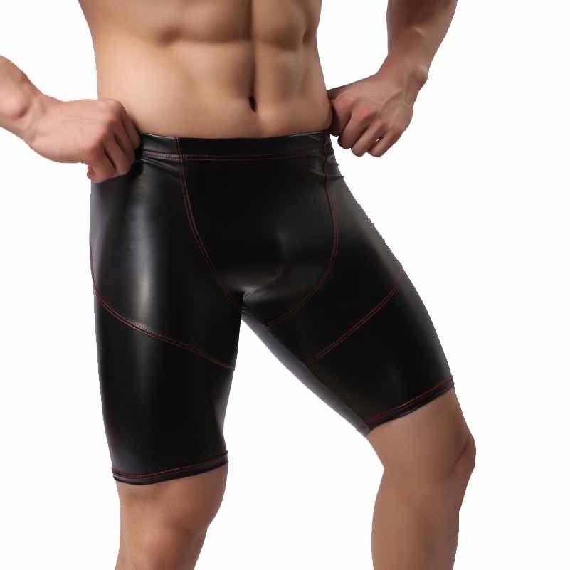 Hommes Similicuir Noir Effet Mouillé Élasthanne Mini Short Élastique Gym Collant