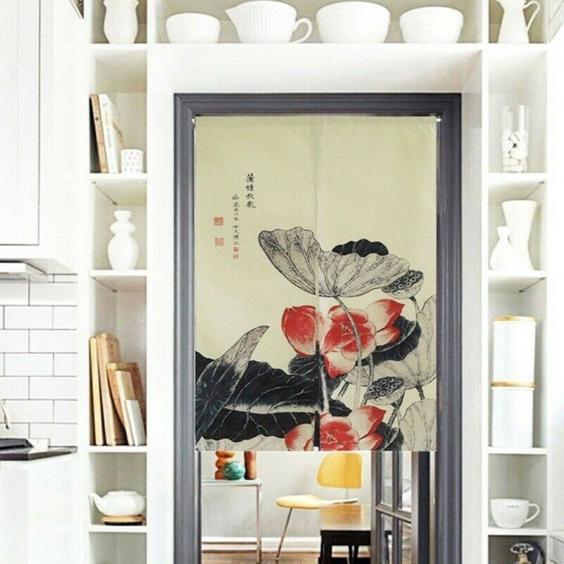Chinese Lotus Print Gate Curtains Panel Doorway Home Bathroom Adorn Cotton Linen