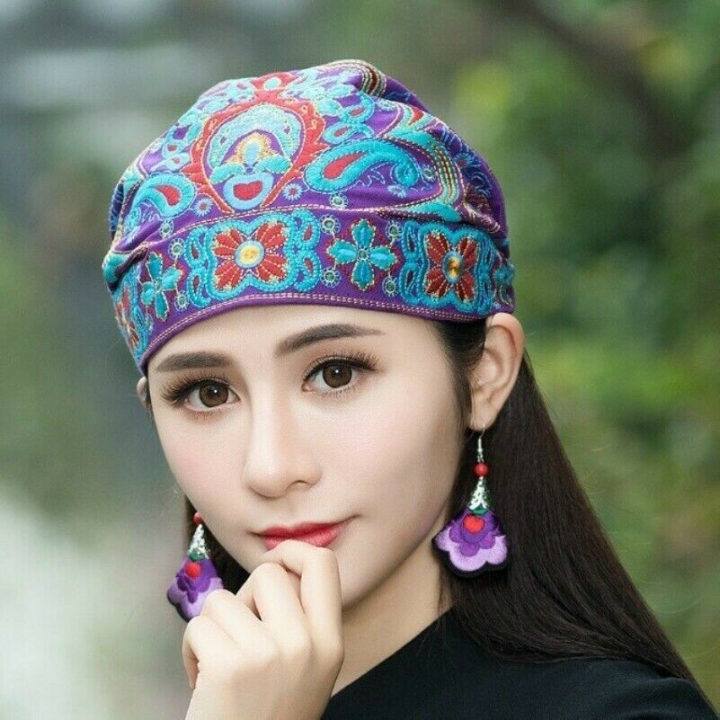 Floral Broderie Femme Ethnique Bonnet Echarpe Foulard Capuchons Coton Rétro