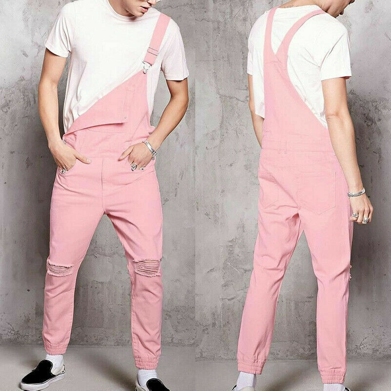 Herren Zerrissen Strumpfhalter Jeanshose Latzhose Overall Pink Freizeit Kurzer