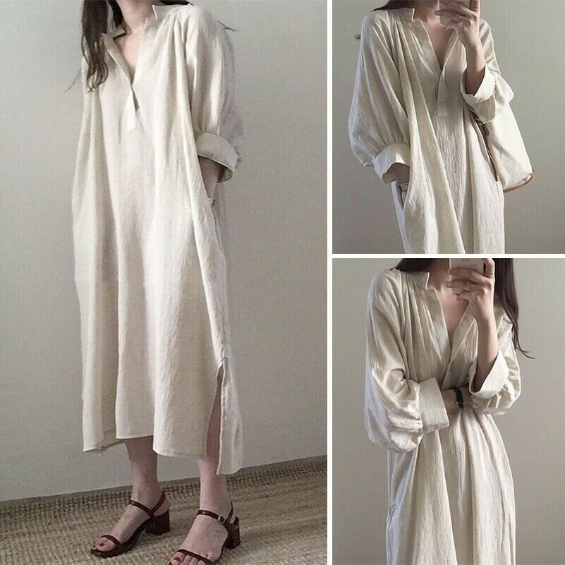 Femme en Vrac Long Chemisier Robe Vintage Décontracté Coton Col V Surdimensionné