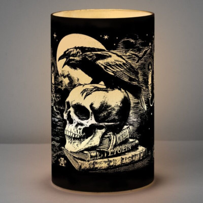 Alchemy Gothic Poe's Raven LED Etched Black Glass Cylinder Lantern Light LED4