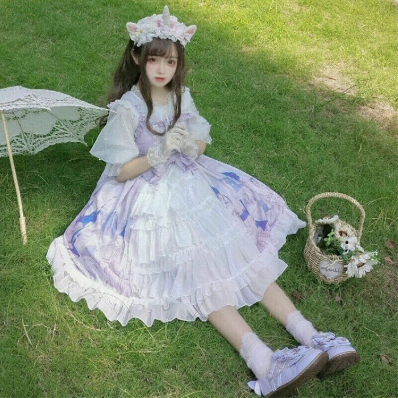 Damen Mädchen Ruffles Lolita Kleid Spitze Riemchen Kawaii Süß Jsk Retro Cosplay